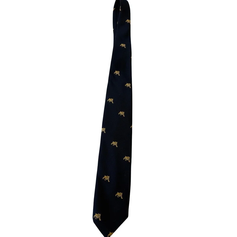 Vagabondo Mens Navy Blue Embroidered Bobcat‎ Lynx Animal Pattern Necktie